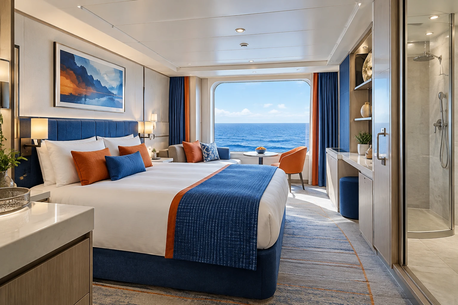 Contemporary ocean-facing stateroom with cobalt and tangerine colour-block details